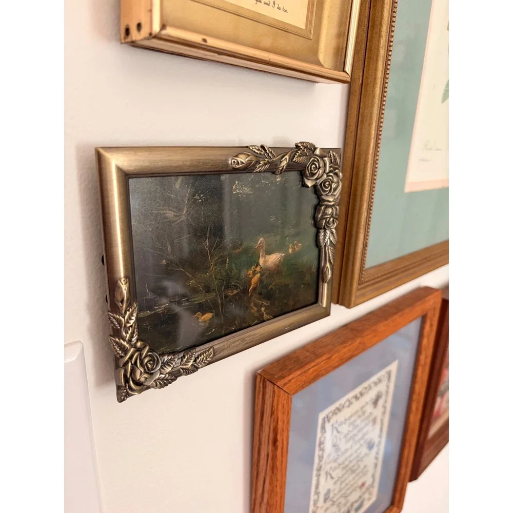 Vintage Pewter Rose Floral Picture Frame with Duck Pond Art Print 5x7 4x6